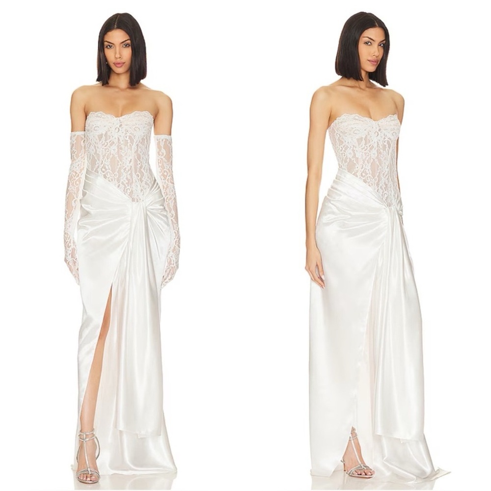 Bronx & Banco White Lace Strapless Satin Gina Gown w/ Lace Gloves S NWOT